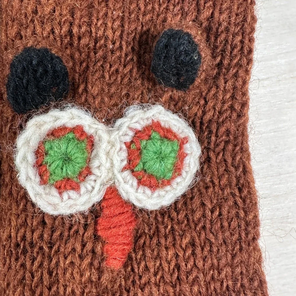 Owl Knot Fingerless Wool Mittens Fleece‎ Lined Made In Nepal Brown